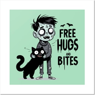 Free Hugs and bites - Cat and zombie kid Posters and Art